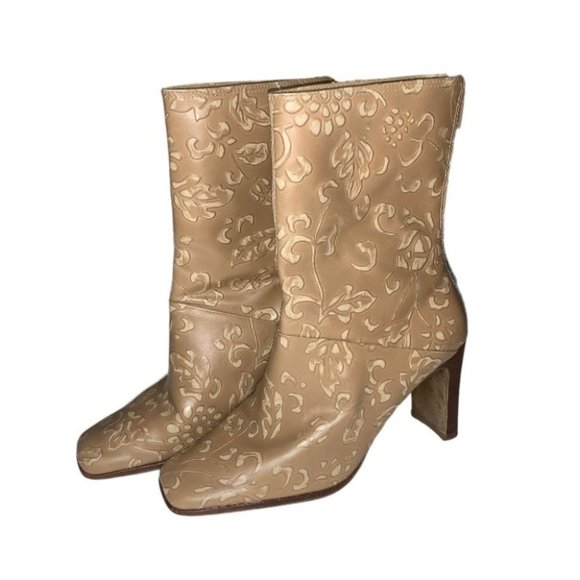 Greenwich Village Leather Heeled Boots Size 5.5 Tan Floral Mid Calf Square Toe - Picture 1 of 10